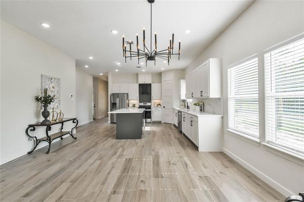Interior, Kitchen, Pendant Lights, Recessed Lighting, Stainless Steel Appliances, Wood Texture Flooring