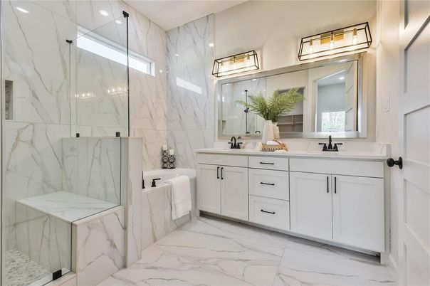 Bathroom, Dual Sink Vanities, Glass Shower, Interior, Marble, Marble Walls, Recessed Lighting