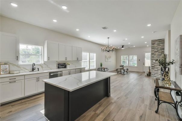 Interior, Kitchen, Pendant Lights, Recessed Lighting, Wood Texture Flooring