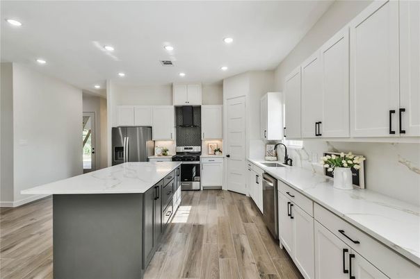 Interior, Kitchen, Recessed Lighting, Stainless Steel Appliances, Wood Texture Flooring