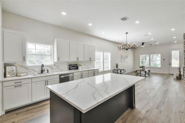 Interior, Kitchen, Pendant Lights, Recessed Lighting, Wood Texture Flooring