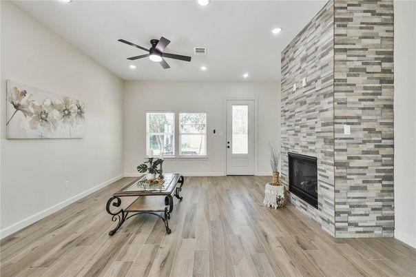 Fireplace, Interior, Recessed Lighting, Wood Texture Flooring