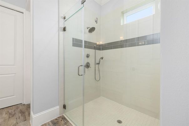 Bathroom, Glass Shower, Interior, Wood Texture Flooring