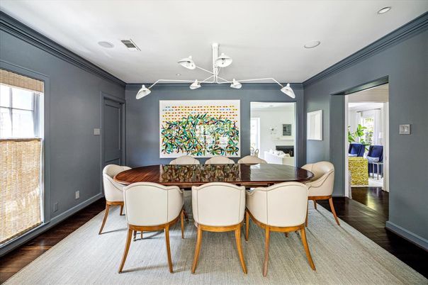 Dining room, Interior, Recessed Lighting, Wood Texture Flooring