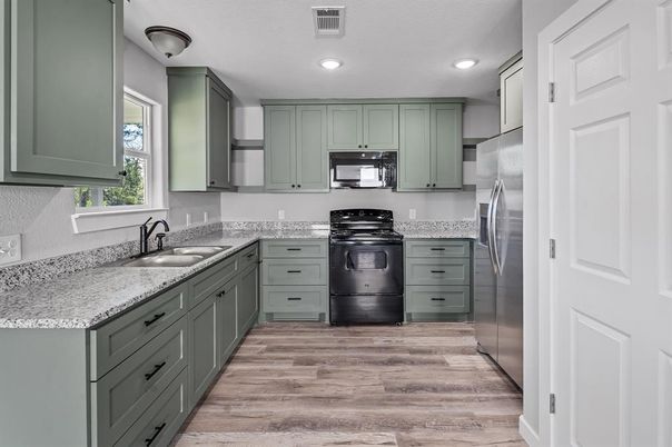Interior, Kitchen, Recessed Lighting, Stainless Steel Appliances, Wood Texture Flooring