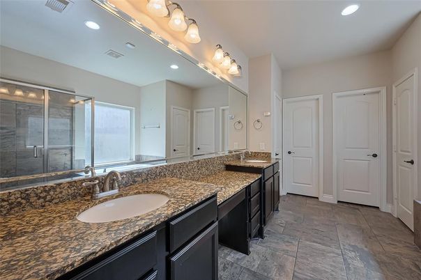 Bathroom, Dual Sink Vanities, Glass Shower, Interior, Recessed Lighting