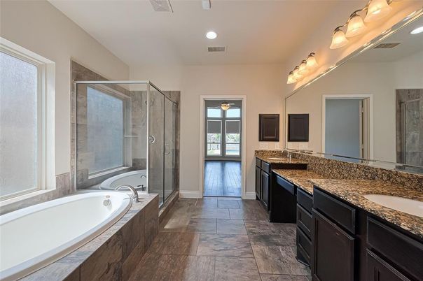 Bathroom, Dual Sink Vanities, Glass Shower, Interior, Recessed Lighting