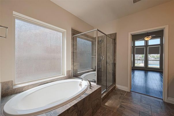 Bathroom, Glass Shower, Interior, Wood Texture Flooring