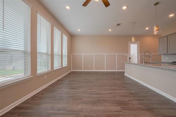 Empty room, Interior, Kitchen, Pendant Lights, Recessed Lighting, Wood Texture Flooring