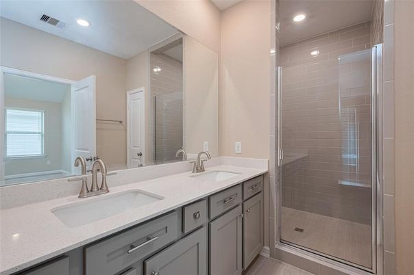 Bathroom, Dual Sink Vanities, Glass Shower, Interior, Recessed Lighting