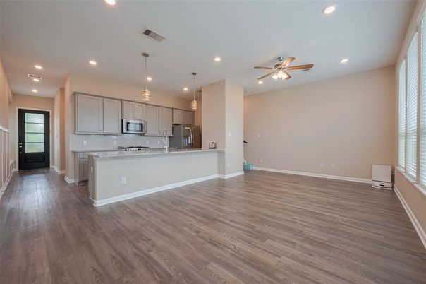 Interior, Kitchen, Pendant Lights, Recessed Lighting, Stainless Steel Appliances, Wood Texture Flooring