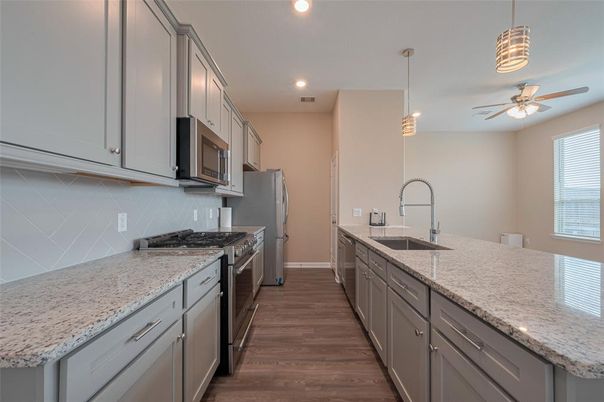 Interior, Kitchen, Pendant Lights, Recessed Lighting, Wood Texture Flooring