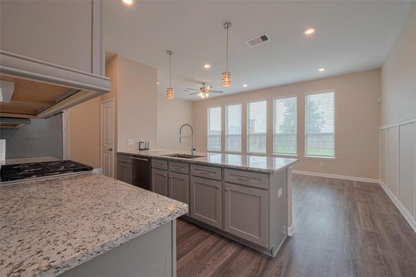 Interior, Kitchen, Pendant Lights, Recessed Lighting, Wood Texture Flooring