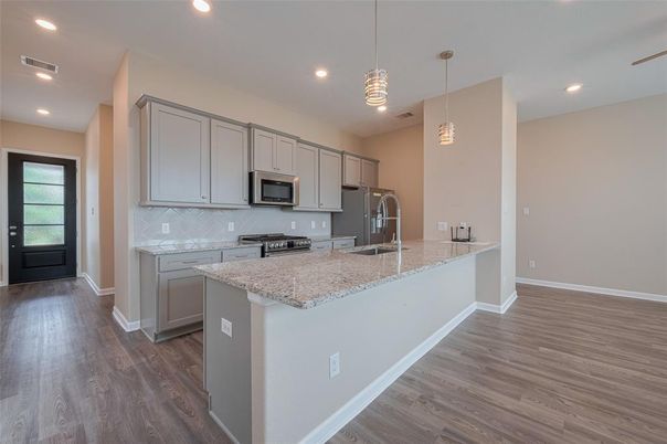 Interior, Kitchen, Pendant Lights, Recessed Lighting, Wood Texture Flooring