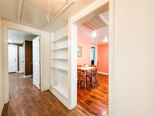 Dining room, Interior, Recessed Lighting, Wood Texture Flooring