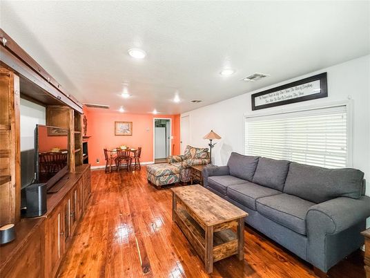 Dining room, Interior, Living room, Recessed Lighting, Wood Texture Flooring