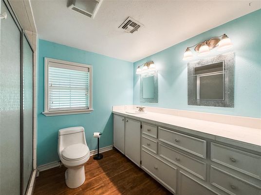 Bathroom, Interior, Tile Countertops, Wood Texture Flooring