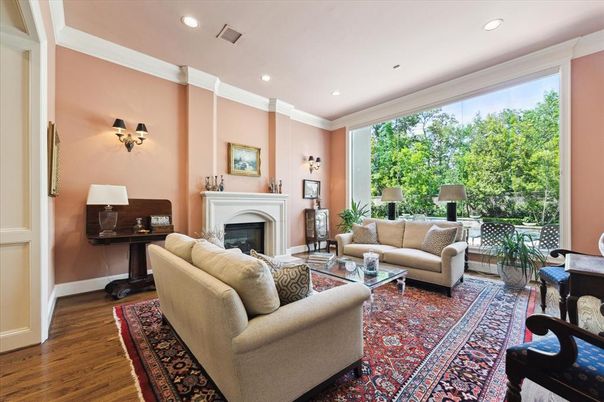 Fireplace, Interior, Living room, Recessed Lighting, Wood Texture Flooring