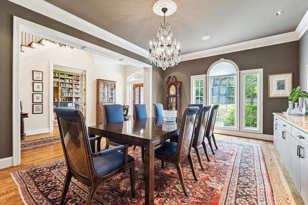 Chandelier, Dining room, Interior, Recessed Lighting, Wood Texture Flooring