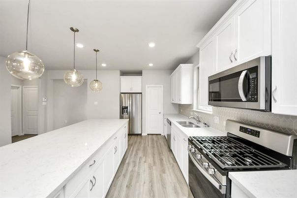 Interior, Kitchen, Pendant Lights, Recessed Lighting, Stainless Steel Appliances, Wood Texture Flooring