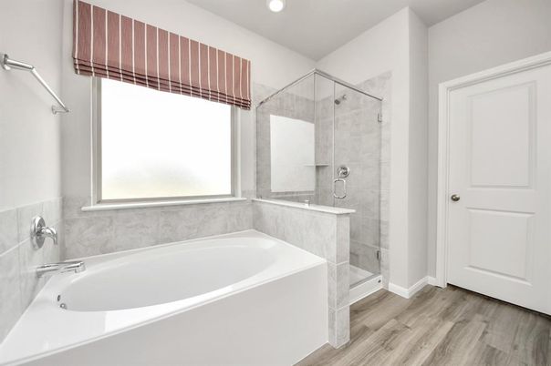Bathroom, Glass Shower, Interior, Recessed Lighting, Wood Texture Flooring