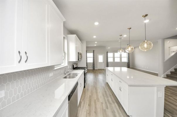 Interior, Kitchen, Pendant Lights, Recessed Lighting, Wood Texture Flooring