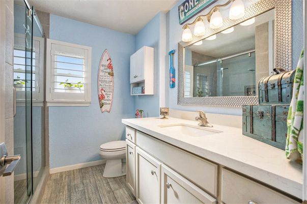 Bathroom, Glass Shower, Interior, Wood Texture Flooring