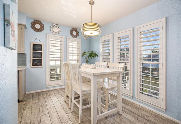 Dining room, Interior, Pendant Lights, Wood Texture Flooring