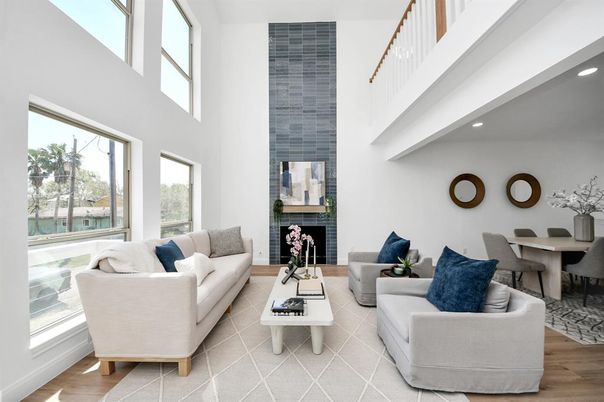 Dining room, Fireplace, Interior, Living room, Recessed Lighting, Wood Texture Flooring