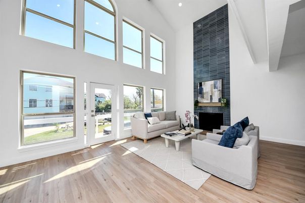 Fireplace, Interior, Living room, Recessed Lighting, Wood Texture Flooring