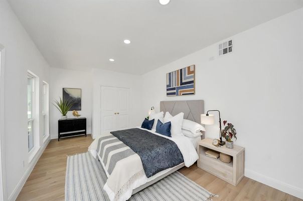 Bedroom, Interior, Recessed Lighting, Wood Texture Flooring
