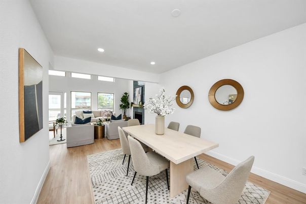 Dining room, Interior, Living room, Recessed Lighting, Wood Texture Flooring