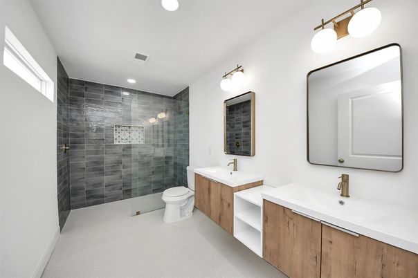 Bathroom, Dual Sink Vanities, Glass Shower, Interior, Recessed Lighting