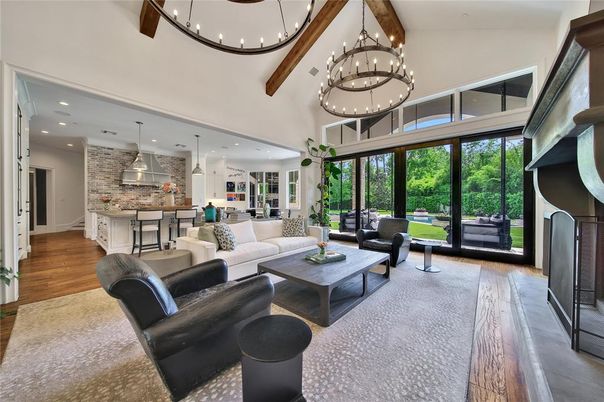 Interior, Kitchen, Living room, Pendant Lights, Recessed Lighting, Stainless Steel Appliances, Wooden Beams, Wood Texture Flooring