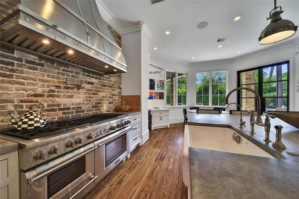 Interior, Kitchen, Recessed Lighting, Stainless Steel Appliances, Stone Walls, Wood Texture Flooring