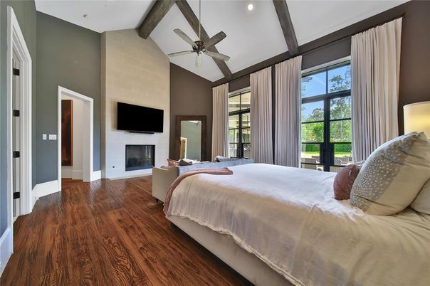 Bedroom, Fireplace, Interior, Recessed Lighting, Wooden Beams, Wood Texture Flooring