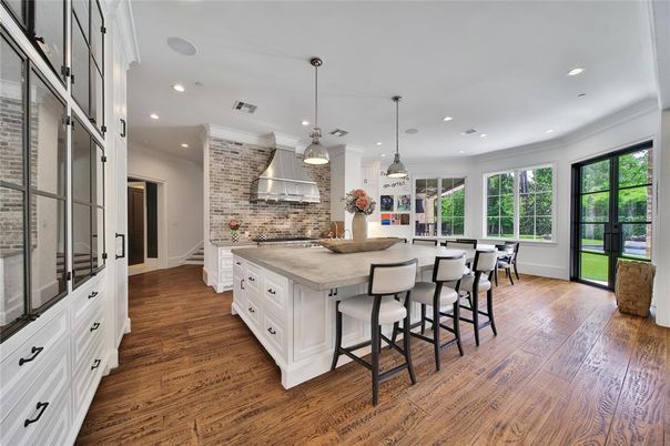 Interior, Kitchen, Pendant Lights, Recessed Lighting, Stone Walls, Wood Texture Flooring