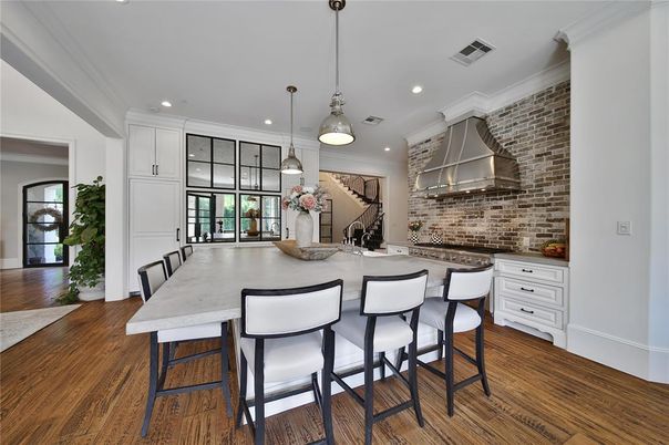 Interior, Kitchen, Pendant Lights, Recessed Lighting, Stainless Steel Appliances, Stone Walls, Wood Texture Flooring