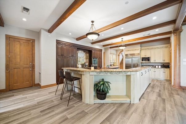 Interior, Kitchen, Pendant Lights, Recessed Lighting, Stainless Steel Appliances, Wooden Beams, Wood Texture Flooring