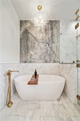 Bathroom, Free Standing Baths, Glass Shower, Interior, Marble, Marble Walls, Pendant Lights