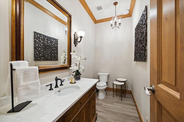 Bathroom, Chandelier, Interior, Wood Texture Flooring