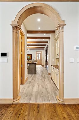 Interior, Kitchen, Recessed Lighting, Wooden Beams, Wood Texture Flooring