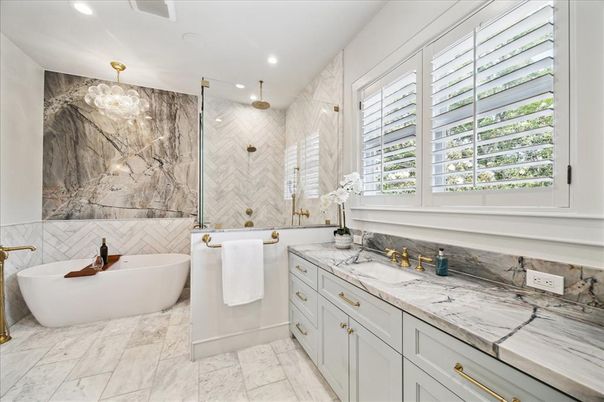 Bathroom, Dual Sink Vanities, Free Standing Baths, Interior, Marble, Marble Walls, Recessed Lighting