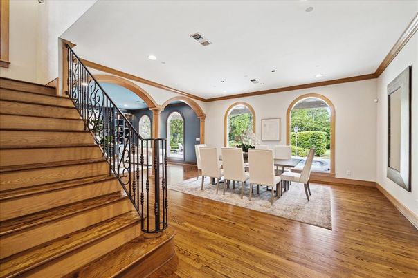 Dining room, Interior, Recessed Lighting, Wood Texture Flooring