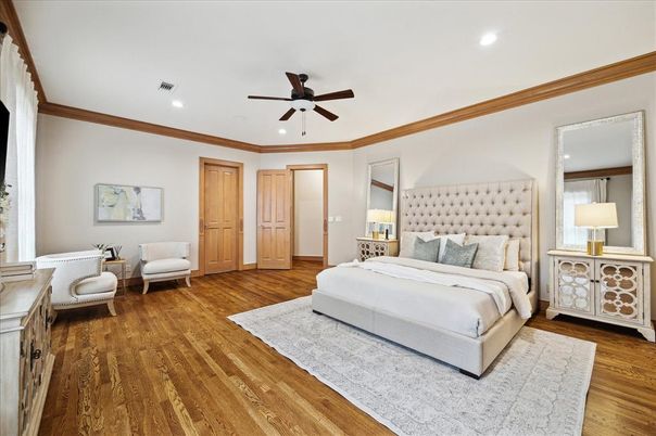 Bedroom, Interior, Recessed Lighting, Wood Texture Flooring
