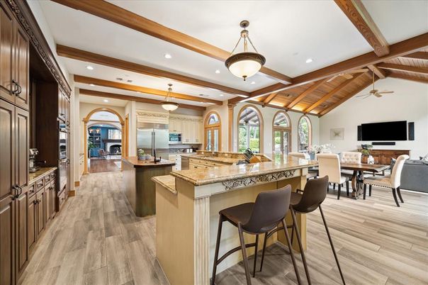 Dining room, Interior, Kitchen, Pendant Lights, Recessed Lighting, Stainless Steel Appliances, Wooden Beams, Wooden Ceilings, Wood Texture Flooring