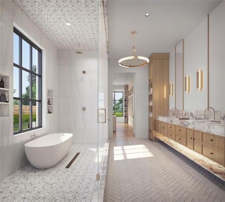 Bathroom, Free Standing Baths, Glass Shower, Interior, Pendant Lights, Recessed Lighting