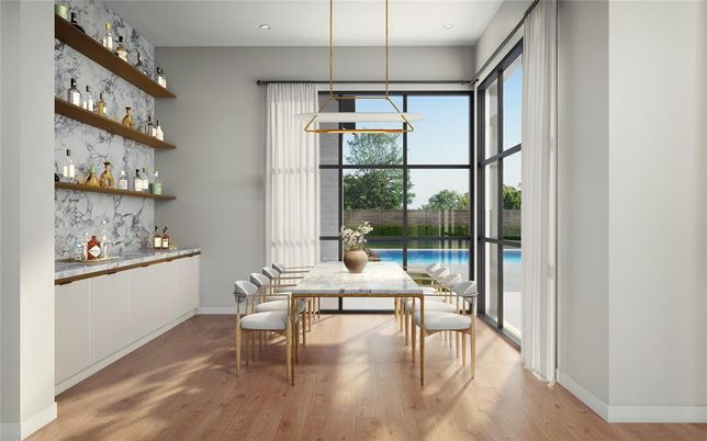 Dining room, Interior, Pendant Lights, Recessed Lighting, Wood Texture Flooring