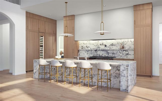 Interior, Kitchen, Marble Walls, Pendant Lights, Recessed Lighting, Wood Texture Flooring