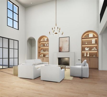 Fireplace, Interior, Living room, Pendant Lights, Recessed Lighting, Wood Texture Flooring